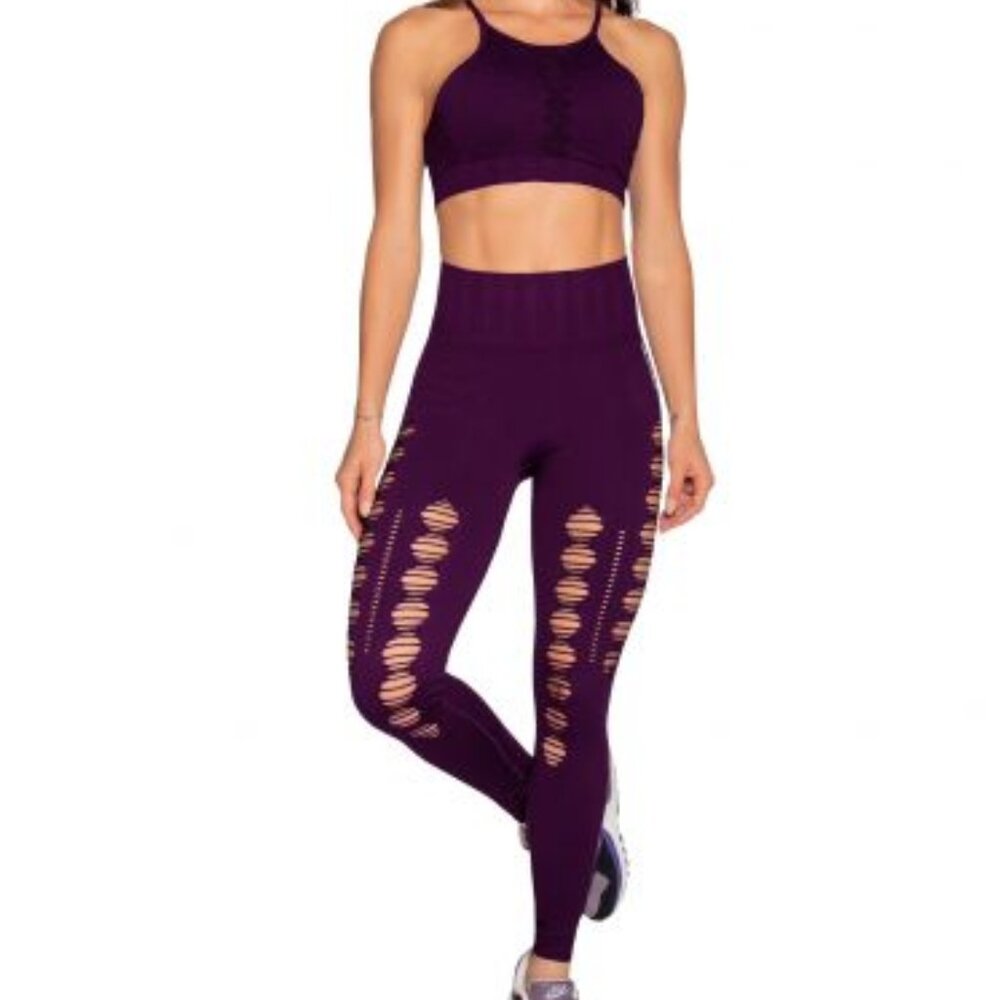 New Women's Seamless Purple Two-Piece Athletic Set – Crop Top & Leggings